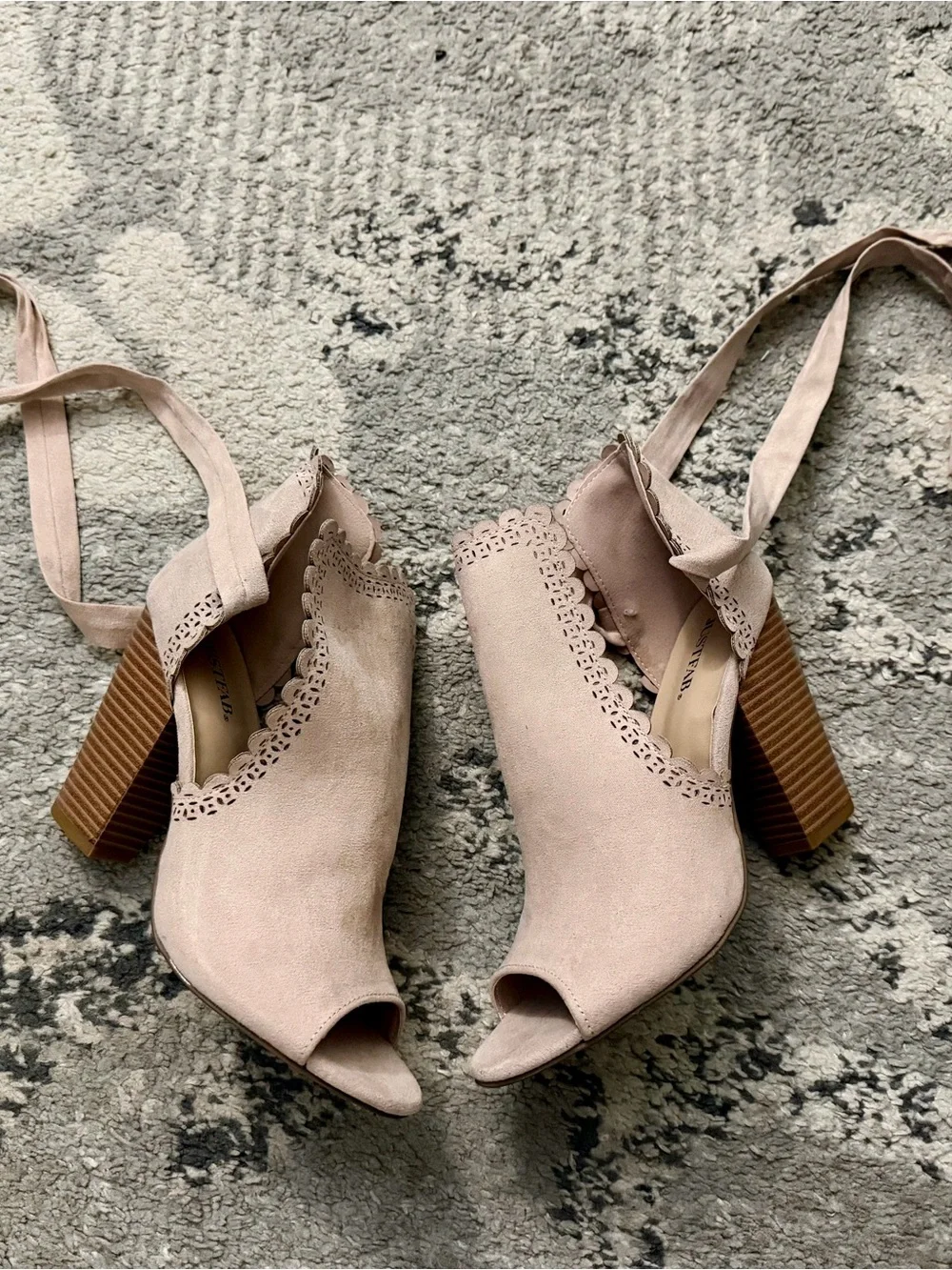 Tan/Blush Pink Peep-Toe Block Heel Sandals with Tie Ankle